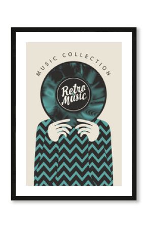 Retro music collection. A vinyl record in the hands of a person covers his face. Vector poster concept suitable for banner, flyer, advertisement, cover, invitation