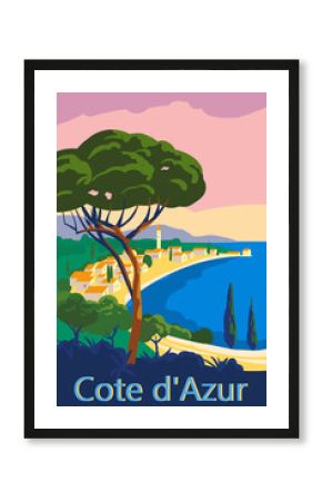 Cote d Azur of France Travel poster retro old city Mediterranean sea vacation Europe