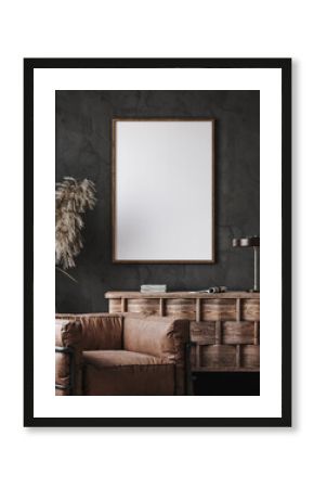 Frame mockup in modern industrial interior with leather furniture, luxury office, 3d render