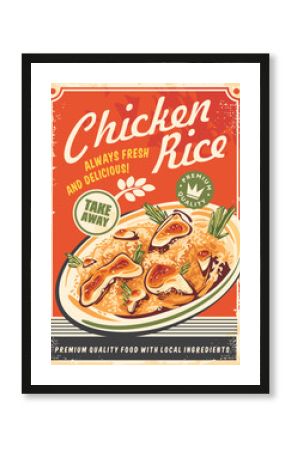 Chicken rice retro restaurant menu poster with tasty food. Vector advertisement with roasted chicken meat and spicy risotto in soy sauce.