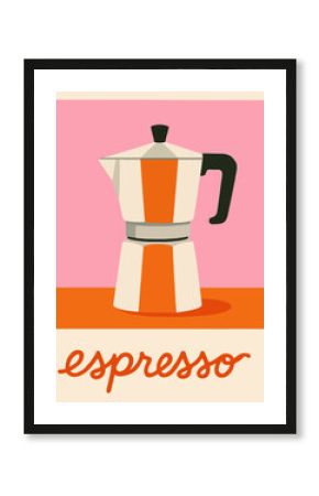 Moka pot espresso maker in retro style coffee poster in warm orange and pink tones. Perfect for kitchen decor, cafe, menus, coffee shop branding or espresso themed designs