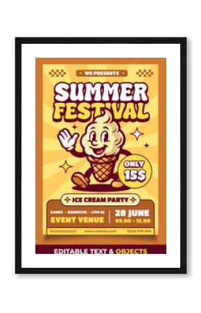 Ice Cream Retro Mascot Logo Flyer Template. Vintage Summer Festival Poster Illustration