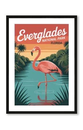 Everglades National Park, Florida, USA travel poster in retro style. Colorful flat vector art illustration