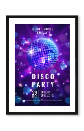 Disco ball. Party background. Dance poster design. Night music template. Discotheque vintage invitation. Neon light star. Retro blue card. Sparkling mirror sphere. Nightclub DJ event vector art banner