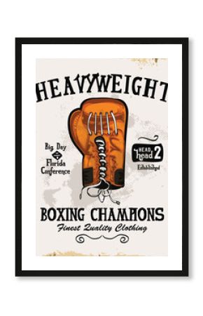 Retro-style poster highlighting a boxing event with an orange glove illustration and elegant typeface. Ideal for themes focused on vintage sports, boxing events, or retro-style branding and advertisin