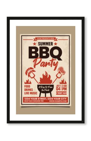 Summer BBQ Party Portrait flyer, bbq invitation retro poster vector template design