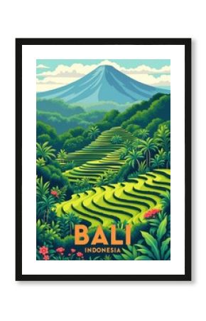 Lush green rice paddies cascading down slopes create a vibrant tapestry beneath a majestic volcano in Bali, Indonesia, embodying tropical paradise in retro travel poster style