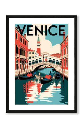 Vintage Travel Poster Venetian Canal and Gondolas,  Italy, retro Illustration