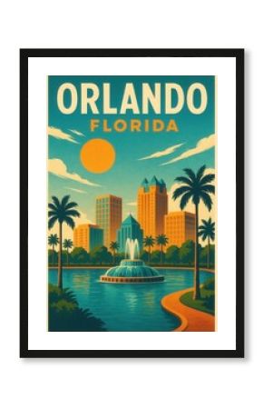 A colorful vintage-style travel poster of Orlando Florida showing palm trees, a round water fountain, and a modern city skyline beneath a bold sun in a blue sky