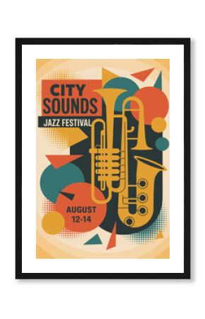 Colorful retro flat vector poster for "City Sounds Jazz Festival" featuring brass instruments, bold typography, and mid-century design with geometric shapes and vintage 1950s-inspired style.
