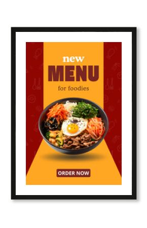 New menu Korean food on yellow and red background. Modern design of food menu template editable for brochure, poster, banner, advertise