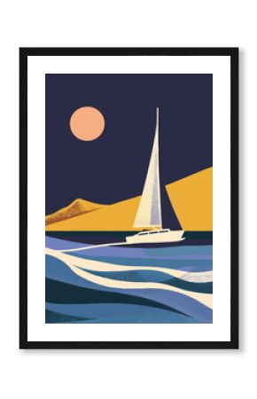 Vibrant abstract artwork of a sailboat on colorful waves at sunset. Modern, minimalist style using bold and contrasting hues. Perfect for wall art, posters, or creative backgrounds. Summer vibe.