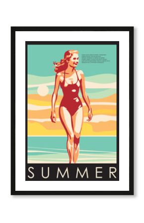 Pretty girl on the beach near the ocean retro graphic illustration. Summer holiday poster with young woman and sea sunset. Travel and vacation vector image.