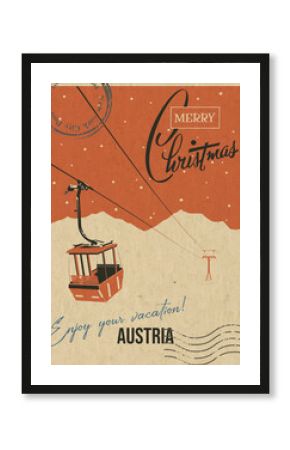 Merry Christmas Postcard, Austria Ski Resort, Aerial Tram, Mountains, Snowfall. Retro Greeting Card Style Illustration. Vintage Colors, Aged Paper Texture