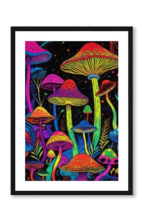 Magic mushrooms poster illustration noir sensual colorful variety 70s retro style psychedelic trippy art on black background meditation room decor micro dose spiritual mystical hippie style 