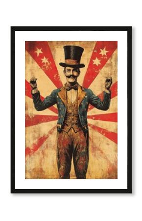 Vintage circus style poster with a ring master in a top hat