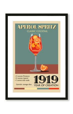 Aperol Spritz cocktail poster in retro mid century modern style with recipe. Popular alcohol drink bar cart digital art. Colorful flat vector illustration