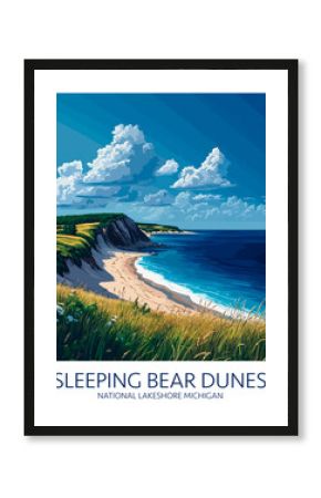 Sleeping Bear Dunes National Lakeshore Michigan Poster Illustration Travel Print Decor Gift Paper Canvas Wall Retro Art