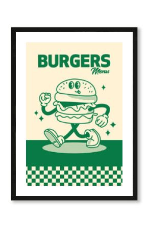 Green Burger Menu Poster. Vector Illustration of Retro Cartoon Happy Concept. Street Food.