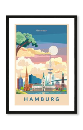 Hamburg City landmarks retro sunset poster design, Germany