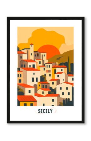 Sicily region, Italy illustrated poster in retro style. Vintage travel booklet, postcard, print, cover with scenic coastline, townscape