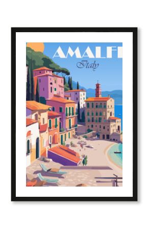 Travel Destination Poster in retro style. Amalfi Coast Italy print. European summer vacation, international tourism, holidays concept. Vintage vector colorful illustration.