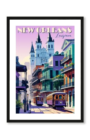 New Orleans, USA travel destination poster in retro style. Colorful vector illustration