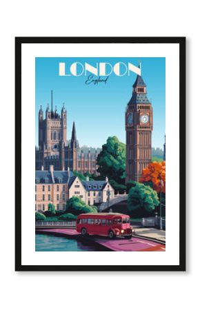 London, England travel destination poster in retro style. Vintage colorful vector art illustration
