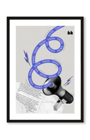Trendy Halftone Collage Megaphone with news text ribbon. Social media propaganda and information. Loudspeaker with attention message. Public event. Paper elements. Contemporary vector illustration art