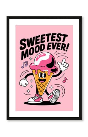 Retro Ice Cream Cartoon Character: Sweetest Mood Ever Illustration for T-shirts and Summer Designs