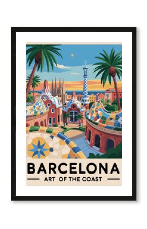 Barcelona, Spain travel destination poster in retro style. Colorful vector art illustration