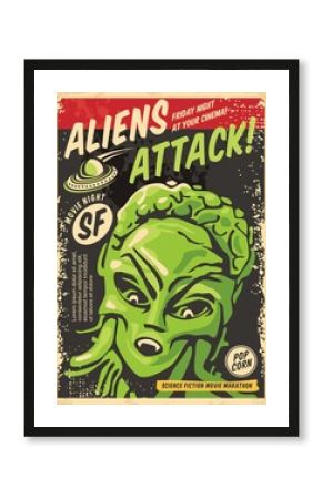 Aliens attack retro poster concept for science fiction movie festival. Vintage sign with creature from outer space and UFO spaceship. Cinema event vector flyer template.