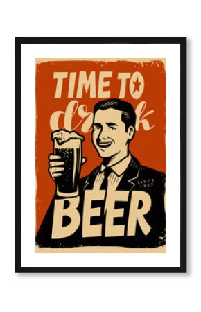 Retro beer poster. Vintage sign advertising cold ale. Pub concept vector illustration