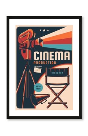 Cinema production vector retro poster with vintage video camera, clapper board and director chair. Film studio, movie entertainment, cinematography industry card with old camcorder recording movie