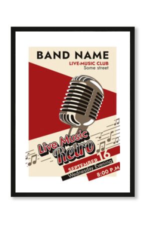 Bright vector poster with red and black colors in retro style. Easily editable retro live concert promo material template. "Live Music Retro" - vector poster with a beautiful mic.