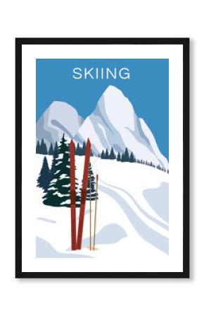 Vintage Mountain winter resort Alps, with wooden old fashioned skis and poles. Snow landscape peaks, slopes. Travel retro poster
