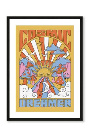 Retro 60’s Cosmic Dreamer Psychedelic Hippy Mushroom Sunshine and Rainbows Illustration Print.