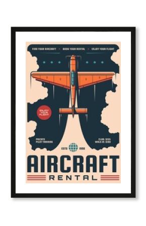 Aircraft rental service, vintage vector poster with retro airplane. Air plane travel tours and private jet flights, aviation adventure and aviators club training, aircraft booking and rental