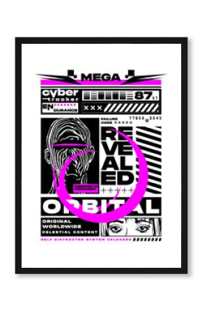 cyber retro future typographic poster design with graphic design elements