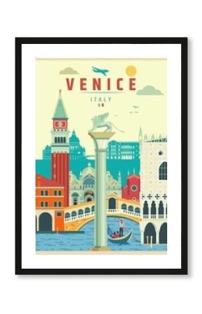 Venice city landmarks retro travel themed poster design vector illustration.