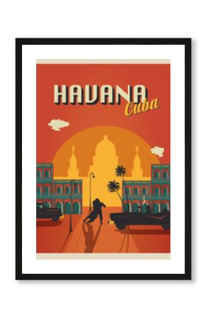 Cuba Havana retro style poster. Cuba is a country of the dance people. Old architecture city.  