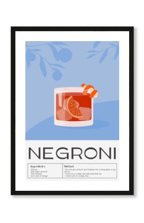 Contemporary poster of Negroni cocktail with orange slice and citrus peel. Classic italian alcoholic beverage recipe. Drink in old fashioned glass with ice. Trendy retro placard. Vector illustration.