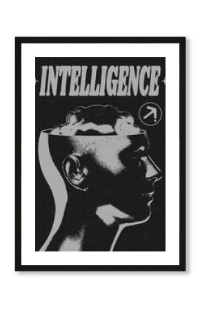 Retro futuristic poster with human head and brains. Abstract horror print with noise, for streetwear, print for t-shirts and sweatshirts on a black background