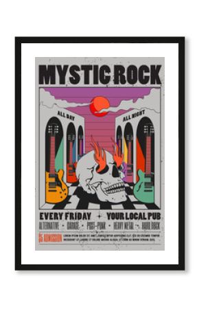 Vintage styled mystic rock music poster or flyer design template with retro psychedelic composition of skull and electric guitars and sunset for rock and roll show or live concert or performance