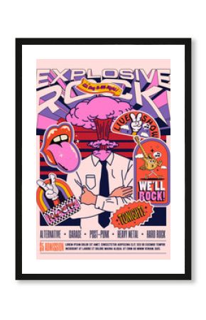 Live rock music show or concert or festival poster or flyer design template in retro style with office clerk with explosion instead his head and vintage rock party stickers. Vector illustration