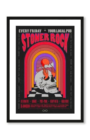 Vintage psychedelic rock music party or concert or music album cover design template with skull in arch doorway and typography composition on black background. Vector illustration