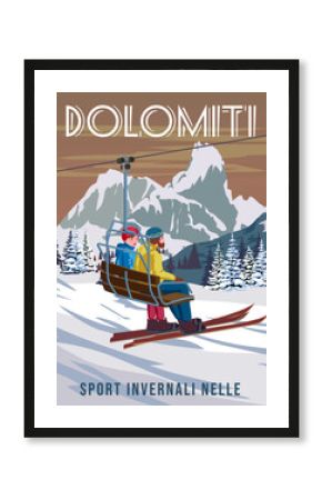 Vintage Travel poster Ski Val Gardena resort. Italy winter landscape travel card