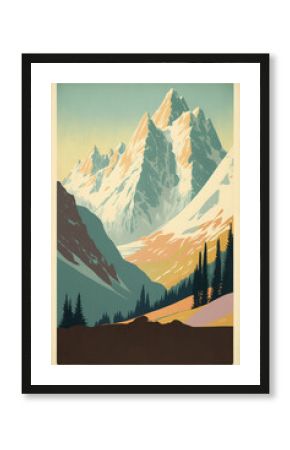 Vintage alps poster template, retro mountain illustration for design. Generative AI