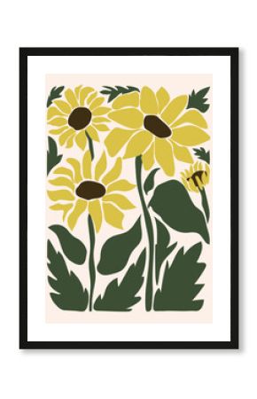 Abstract floral poster - minimalist sunflowers retro 70 style, vintage botanical background. Vector illustration.