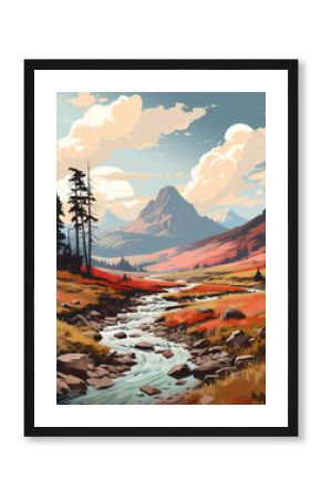 Vintage alpine valley landscape poster with stream. retro advertisement poster with copy editorial space. 